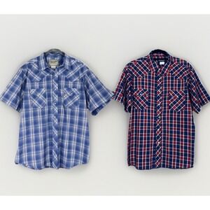 Lot of 2 Wrangler Western Shirts XL Red Blue Tan Plaid Pearl Snap Short Sleeve